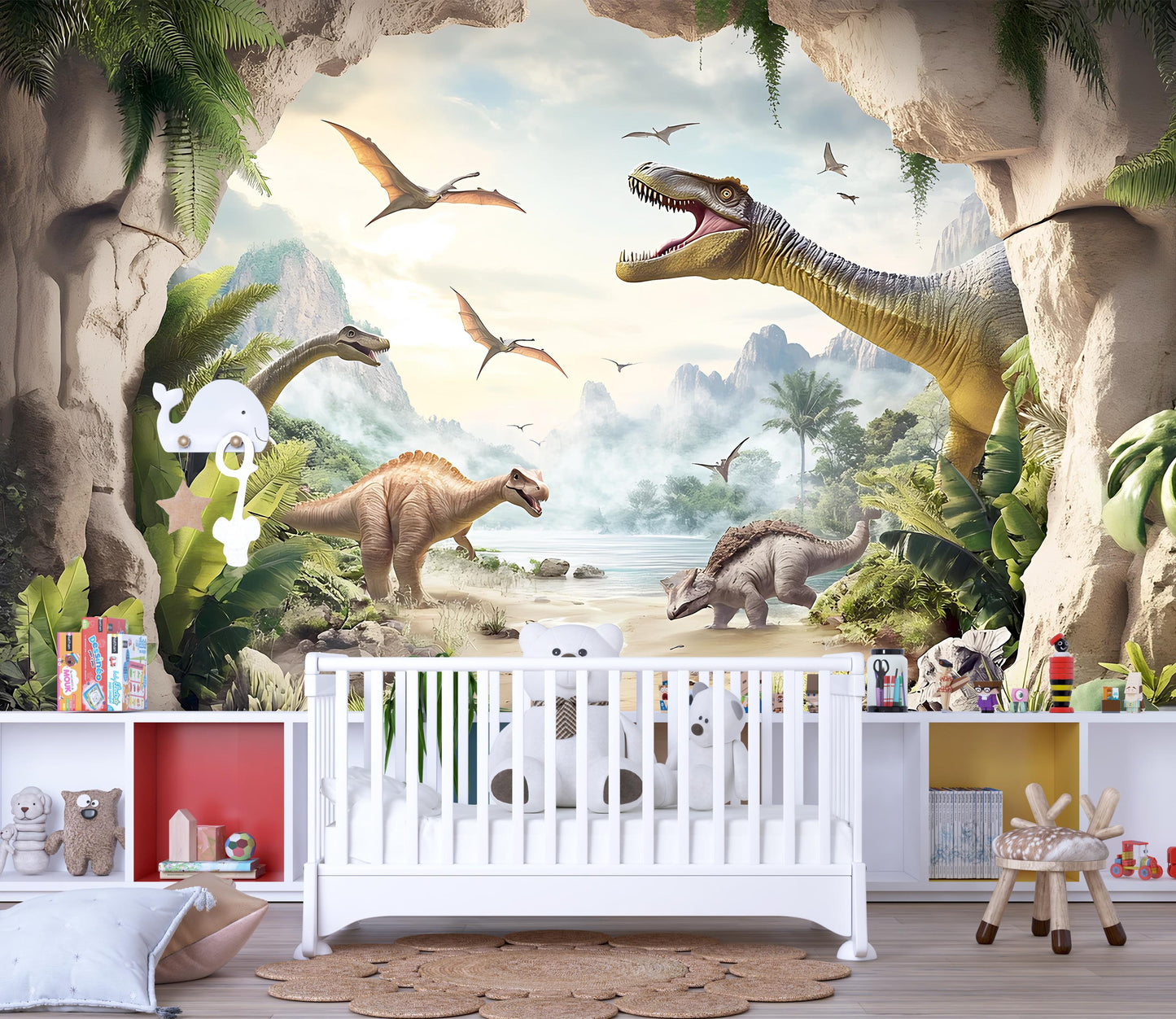 Dinosaur Nursery Wall Mural - Prehistoric Jungle Wallpaper for Baby Room, Boys Room Decor - Dino Theme Nursery Art Backdrop Vn403