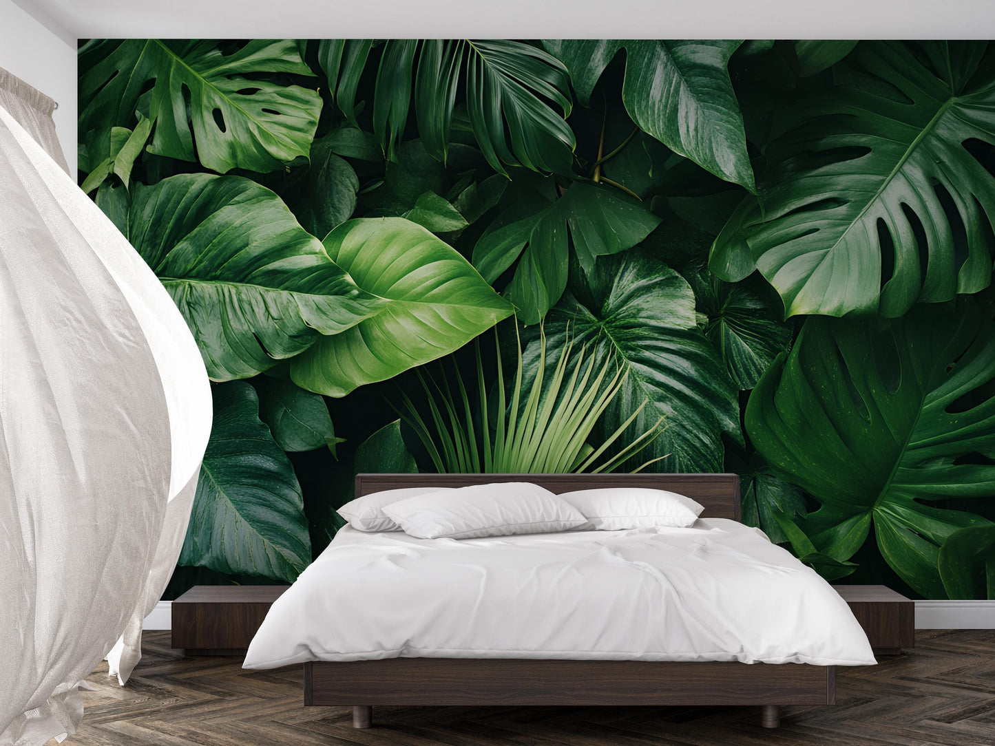 Tropical Jungle Leaf Wall Mural | Large Botanical Green Plant Wallpaper | Modern Nature Bedroom Decor | Peel & Stick or Traditional Vn209