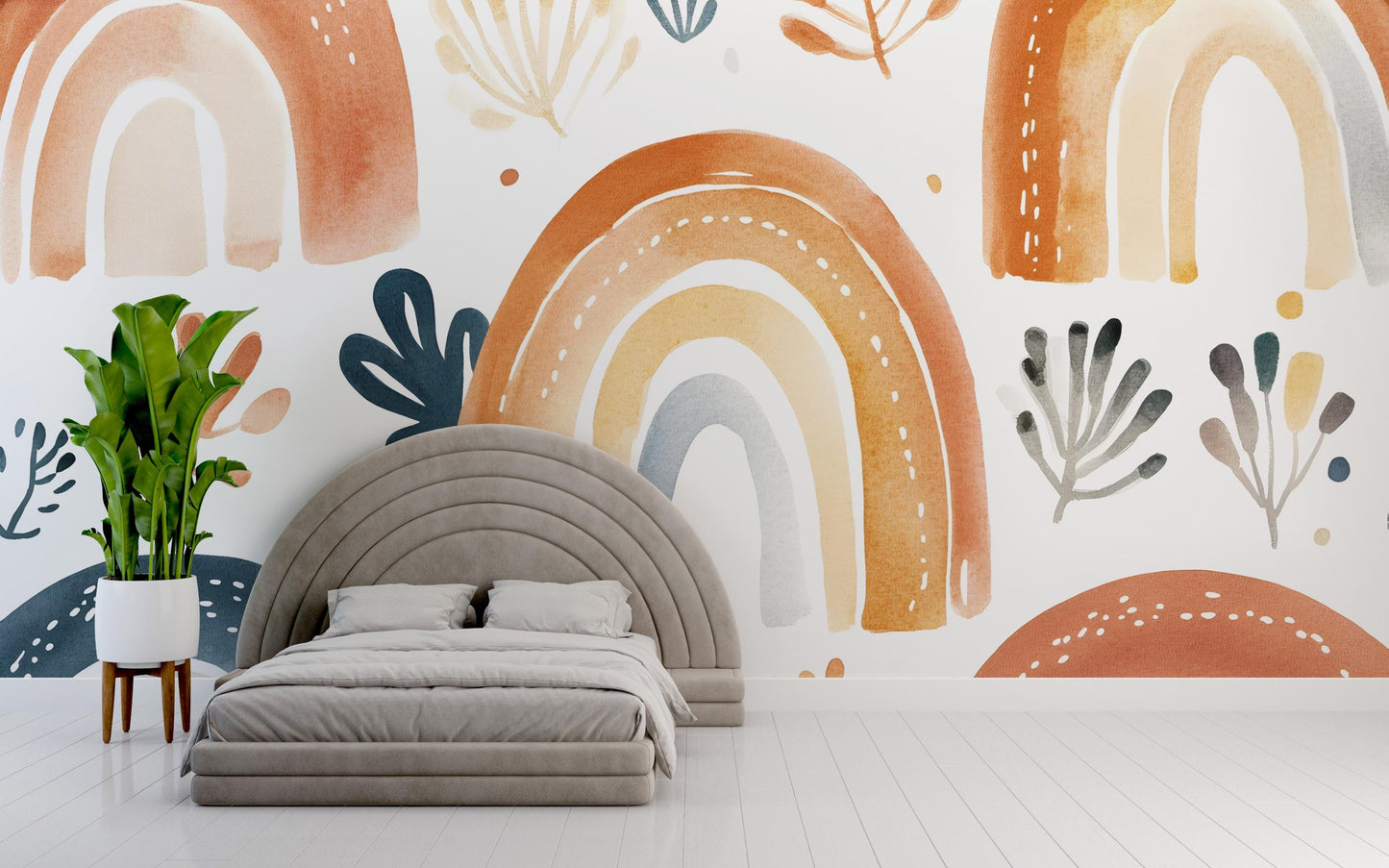 Boho Rainbow Wall Mural | Watercolor Arch Wallpaper | Kids Room Decor | Modern Boho Nursery Wall Art | Removable Peel & Stick Vn396