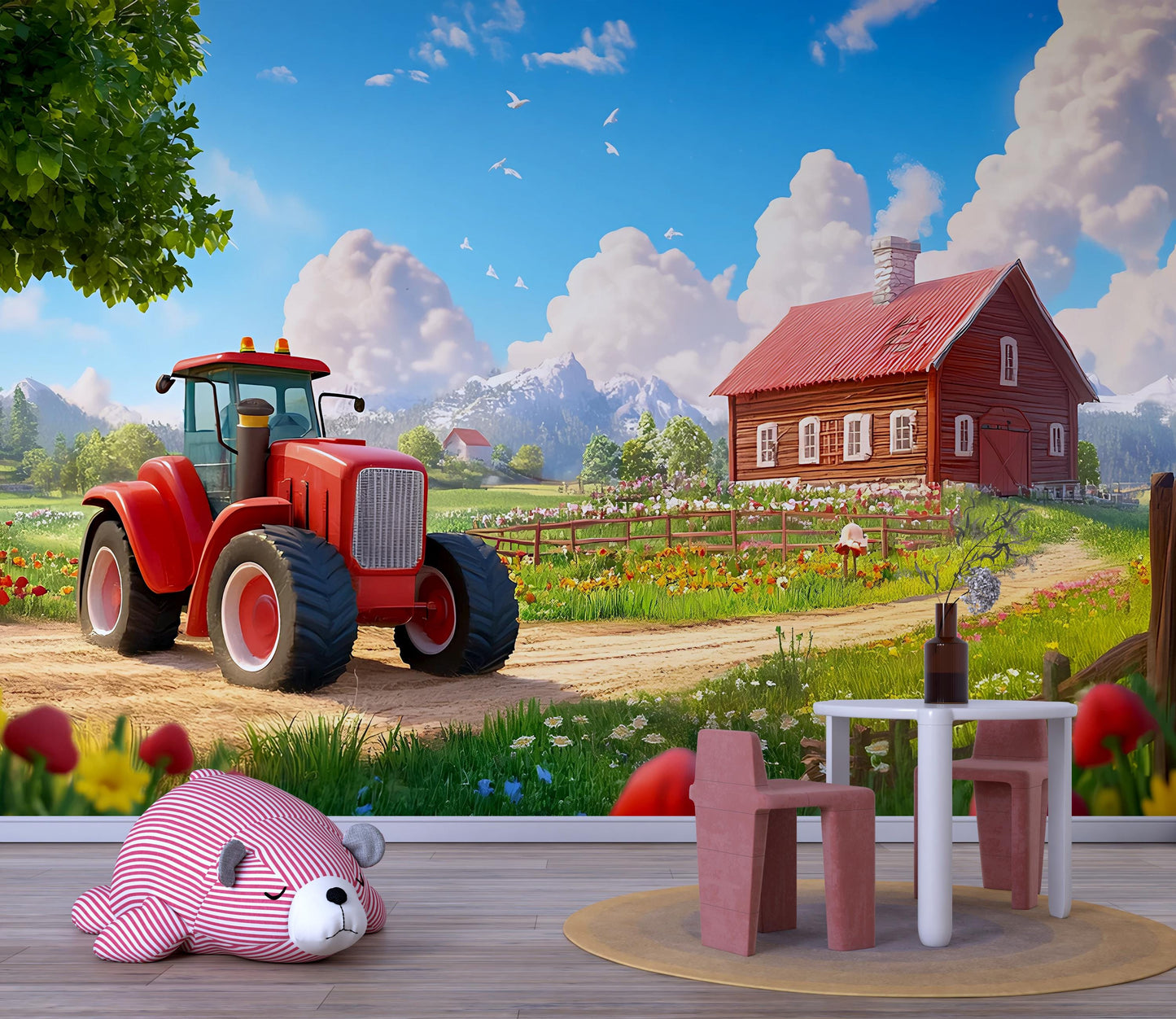 Farm Nursery Wall Art – Red Tractor & Barn Landscape Mural – Country Baby Room Decor for Boys or Girls Vn316