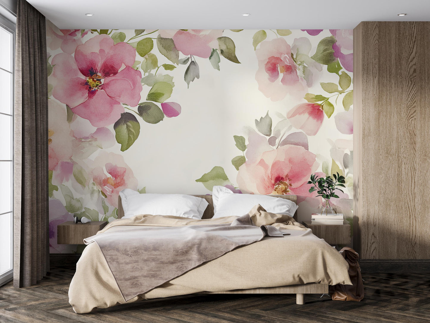 Floral Watercolor Wall Mural – Large Pink Purple Flower Wallpaper – Romantic Bedroom Accent Wall Art Vn347