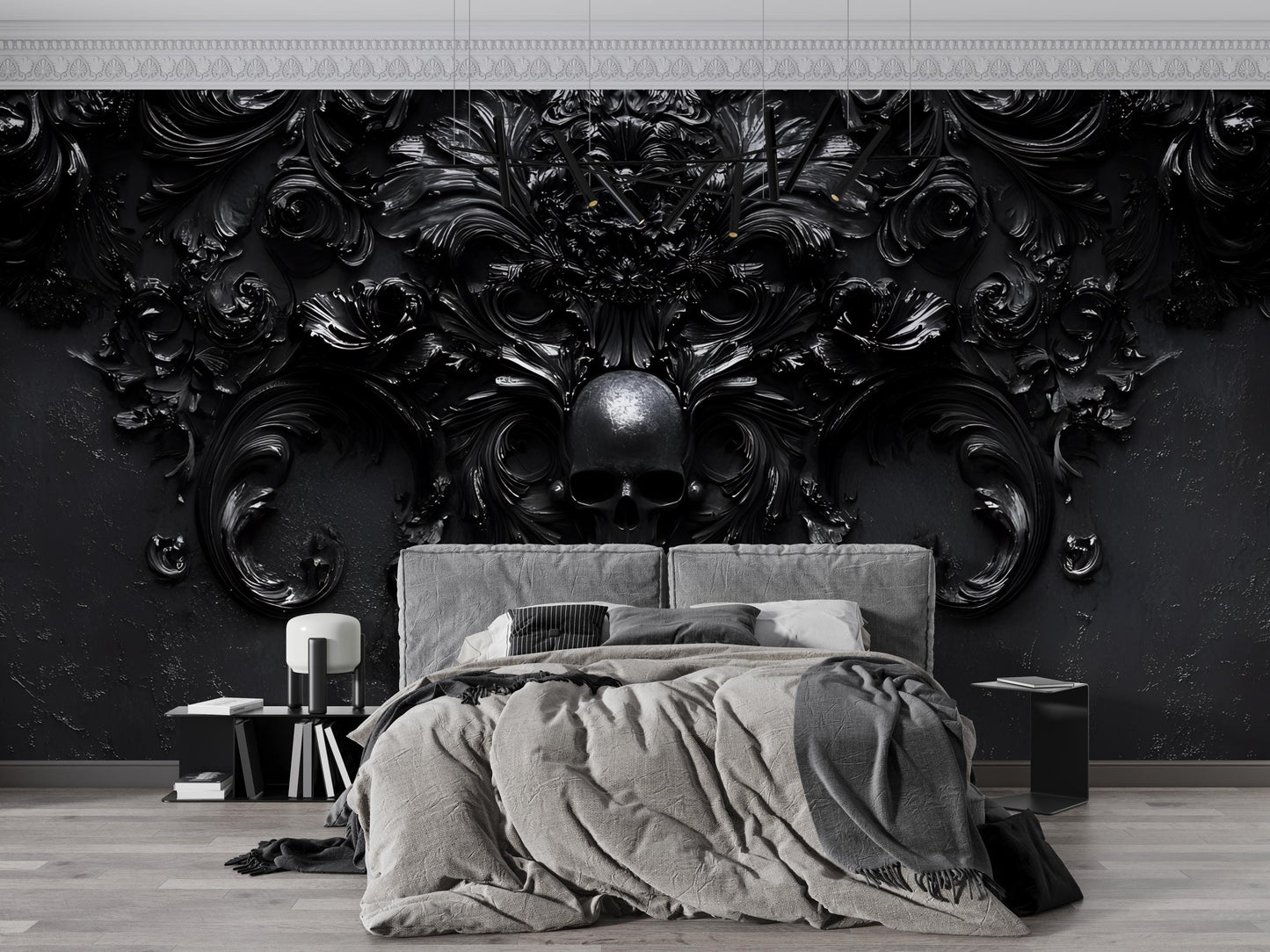 Gothic Baroque Skull Wall Art | Dark Maximalist Interior Decor | 3D Black Skull Floral Wallpaper Mural Vn189