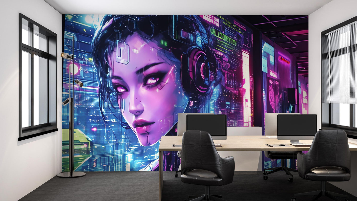 Cyberpunk Office Wall Art - Futuristic Gamer Mural Print - Sci-Fi Tech Decor Vn197