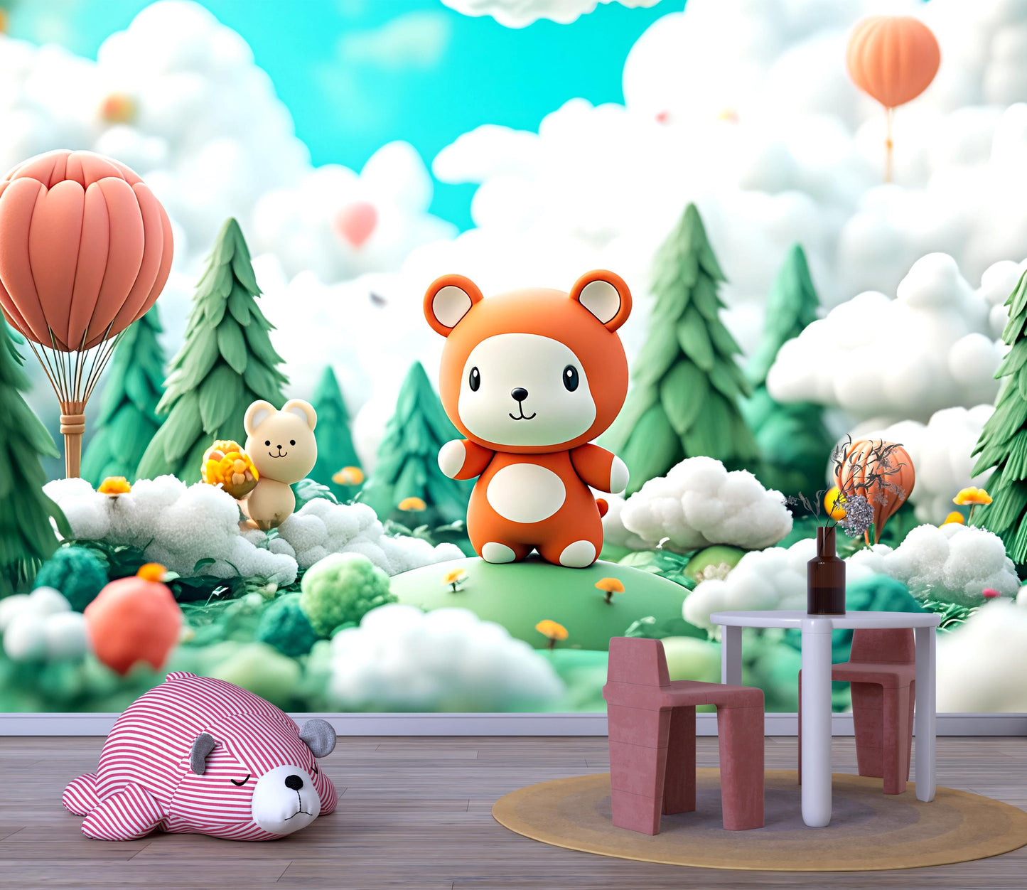 Whimsical Bear Wall Mural | Cute Animal Forest Kids Room Wallpaper | Playroom Nursery Decor Art | 3D Cartoon Bear Scene Vn428