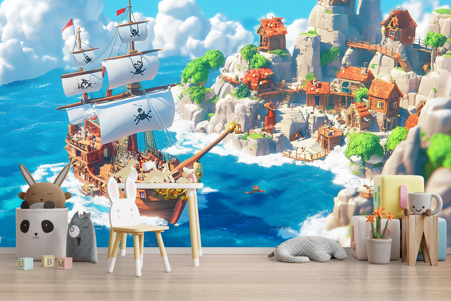 Pirate Ship Adventure Wall Mural | Kids Room Ocean Wallpaper | Nautical Pirate Theme Playroom Decor | Fantasy Island Wall Art Vn 308