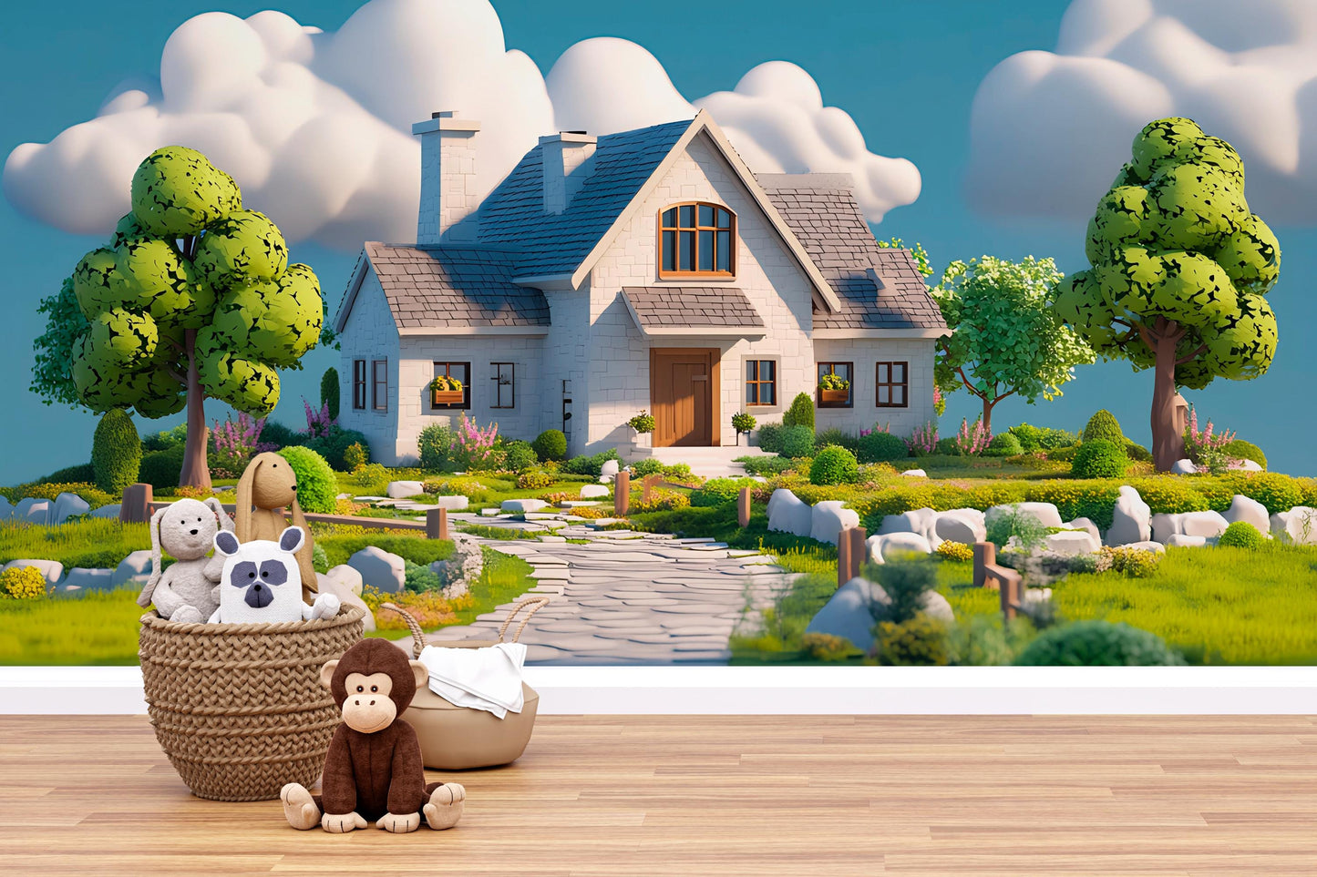 Whimsical Cottage Wall Mural for Kids Room – Cozy Fantasy House with Trees & Clouds Vn243