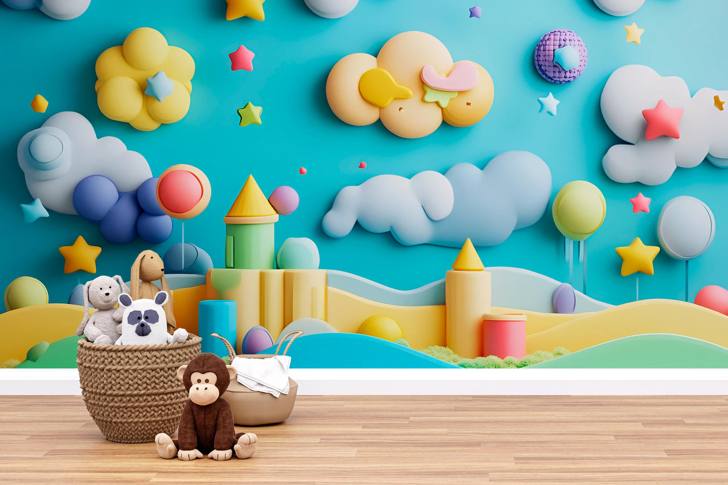 Whimsical Kids Room Wall Mural | 3D Cloud Star Castle Wallpaper | Colorful Nursery Decor | Fantasy Playroom Art Print Vn330