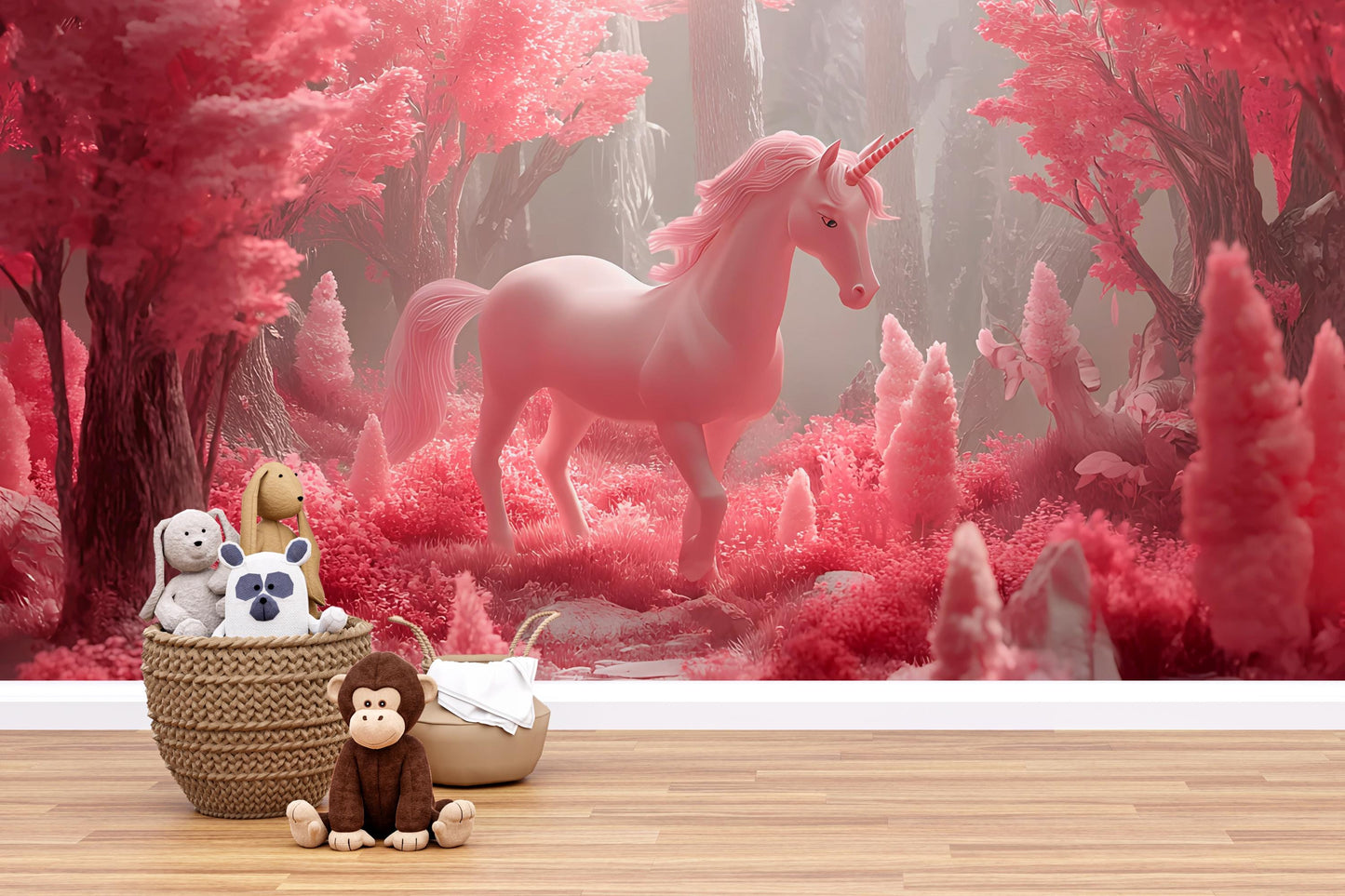 Pink Unicorn Nursery Wall Mural – Fantasy Forest Wallpaper for Baby Girl Room, Magical Pastel Woodland Décor Vn 303