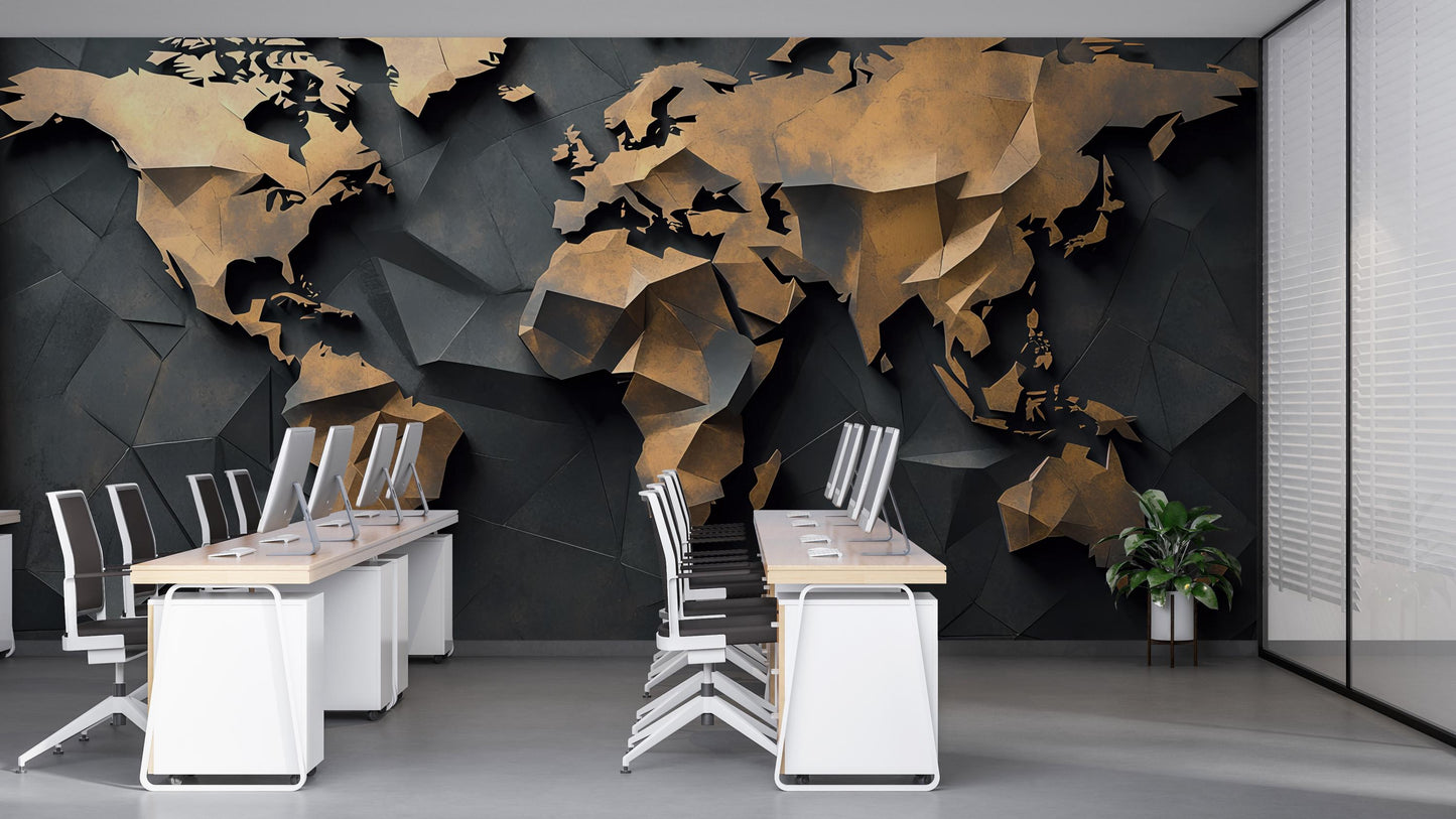 3D World Map Wall Mural Office Decor | Modern Geography Wall Art | Global Workspace Wallpaper | Abstract Map Wall Panel Vn418
