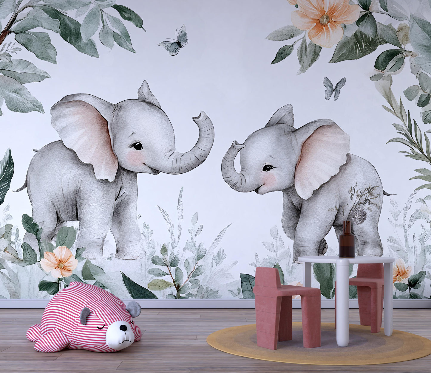 Baby Elephant Nursery Wall Mural - Jungle Safari Animal Wallpaper - Cute Kids Room Decor Vn276