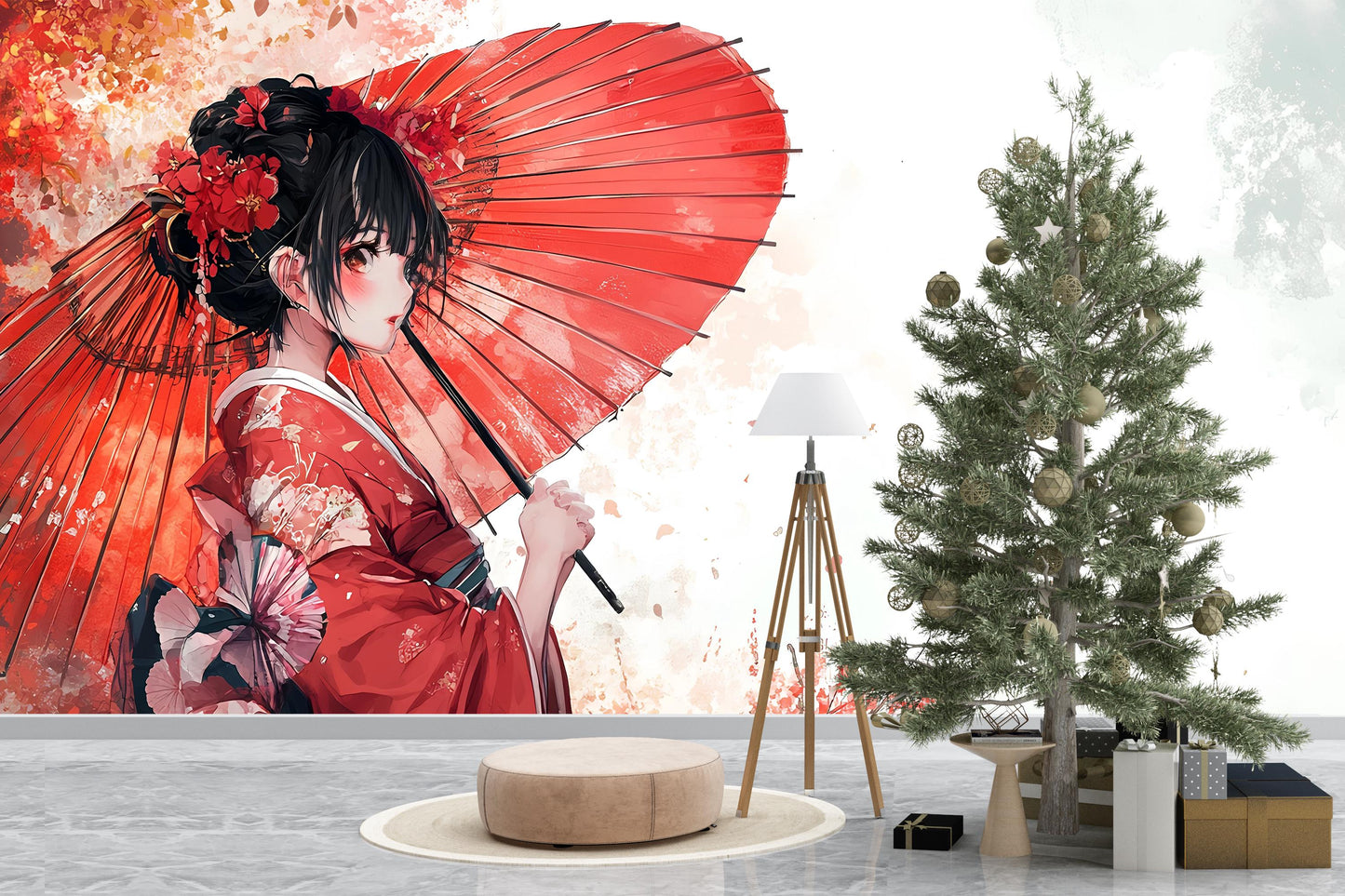 Elegant Japanese Girl Wall Mural - Red Kimono Art, Anime Style Room Decor Vn352