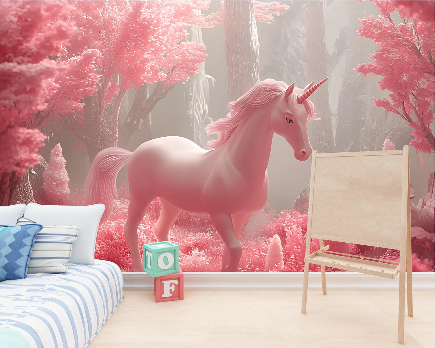 Pink Unicorn Nursery Wall Mural – Fantasy Forest Wallpaper for Baby Girl Room, Magical Pastel Woodland Décor Vn 303