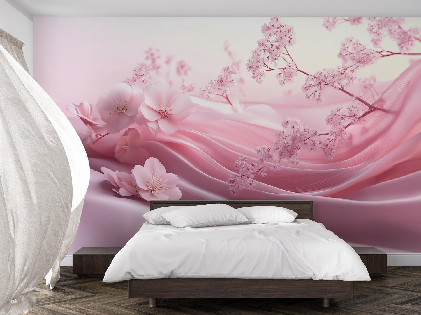 Pink Sakura Blossom Wall Mural – Romantic Floral Wallpaper – Japanese Cherry Blossom Bedroom Decor – Soft Pastel Aesthetic Vn271