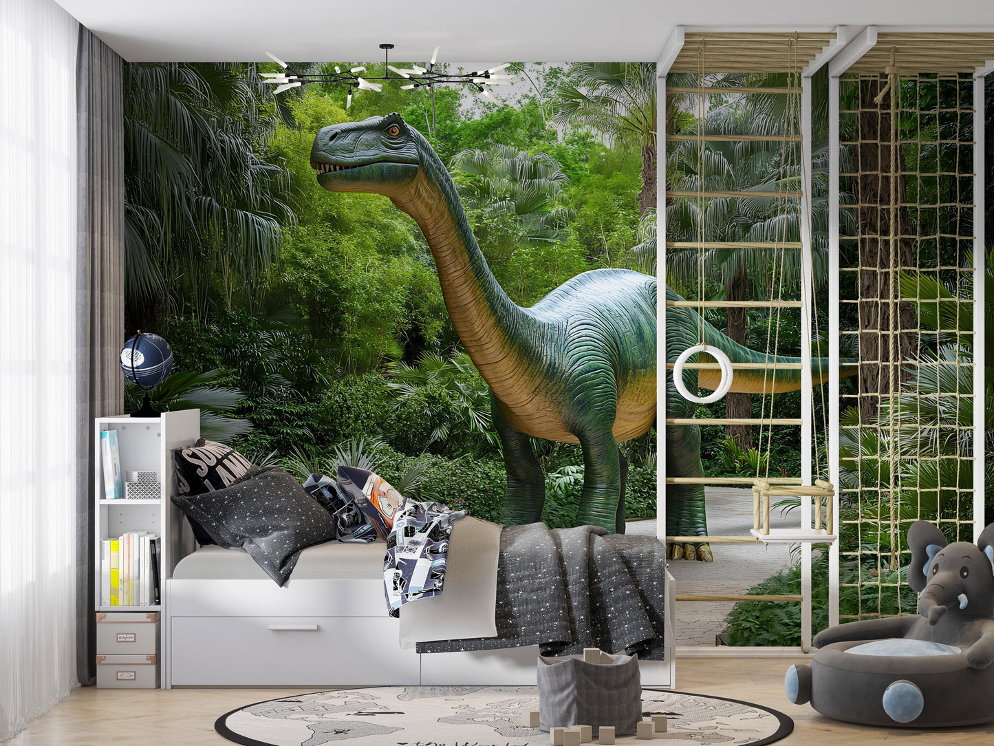 Dinosaur Wall Mural for Kids Room – Jungle Theme Wallpaper with Brachiosaurus | Bold 3D Effect Dino Decor | Removable Peel & Stick Vn406