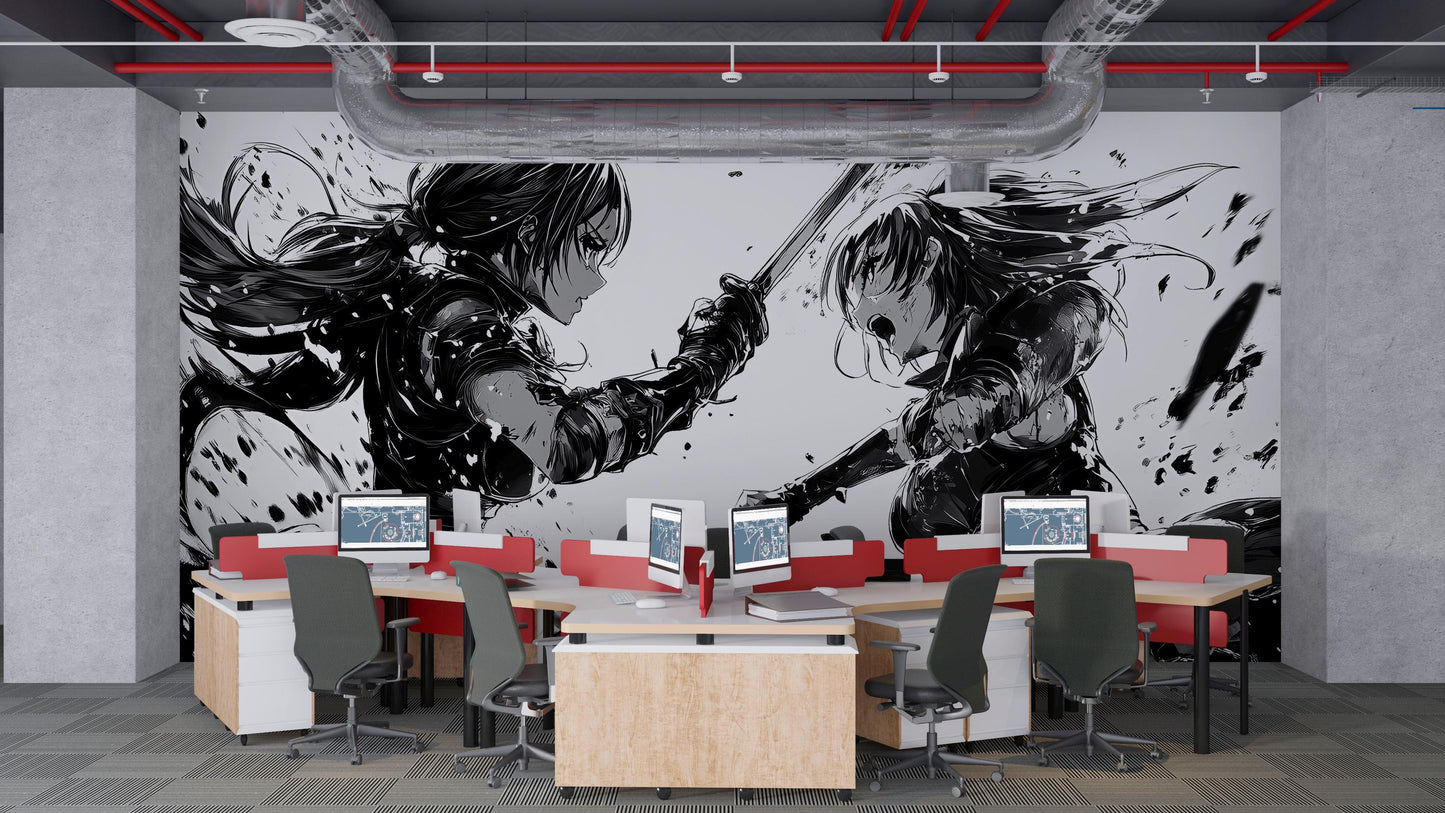 Anime Sword Duel Wall Mural – Black and White Manga Art for Modern Rooms Vn363
