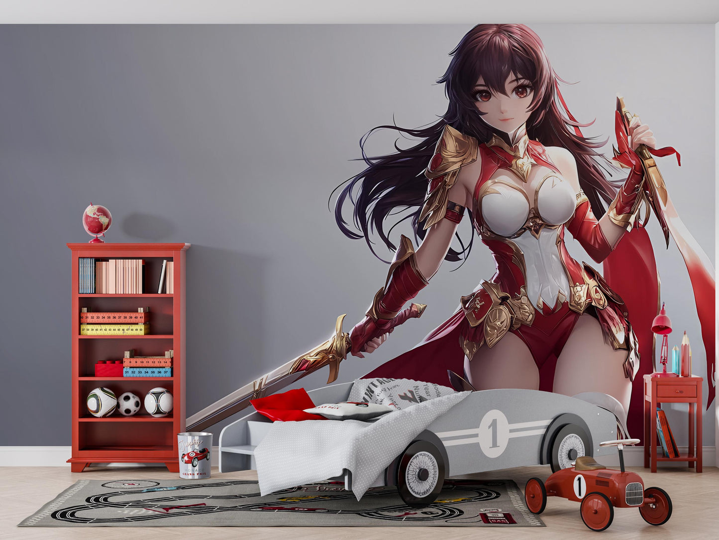 Anime Warrior Girl Wall Mural – Red Armor Fantasy Art for Kids Room, Teen Bedroom Decor, Gamer Wall Poster Vn361