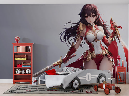 Anime Warrior Girl Wall Mural – Red Armor Fantasy Art for Kids Room, Teen Bedroom Decor, Gamer Wall Poster Vn361