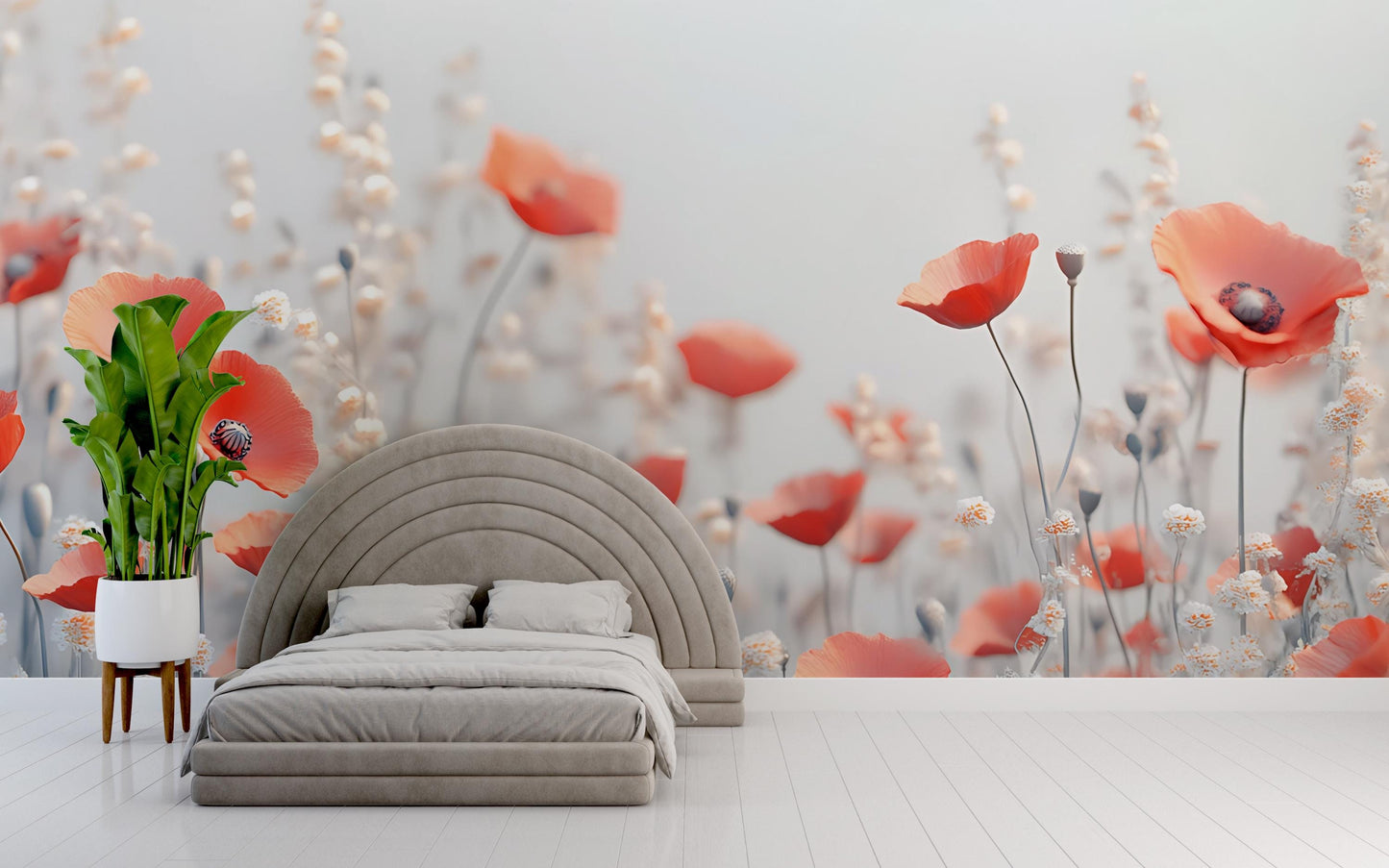 Red Poppy Flower Wall Mural | Modern Floral Bedroom Wallpaper | Botanical Large-Scale Peel & Stick Mural Vn334