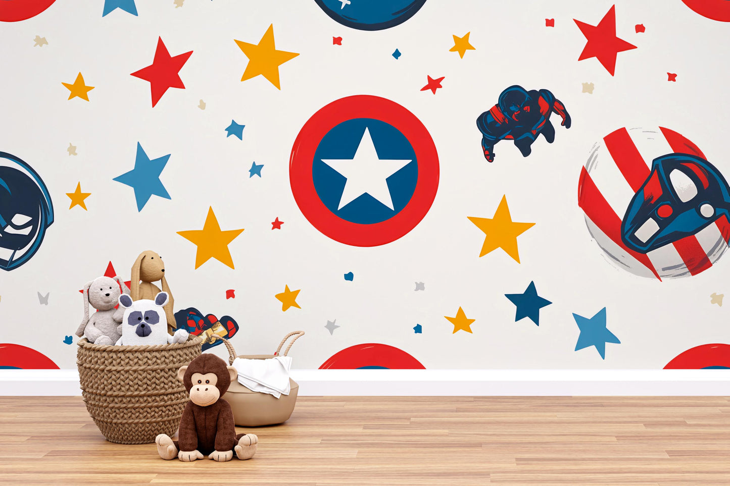 Superhero Kids Wall Mural | Captain America Shield Star Print | Boys Room Decor | Hero Nursery Wallpaper | Playroom Wall Art Vn275
