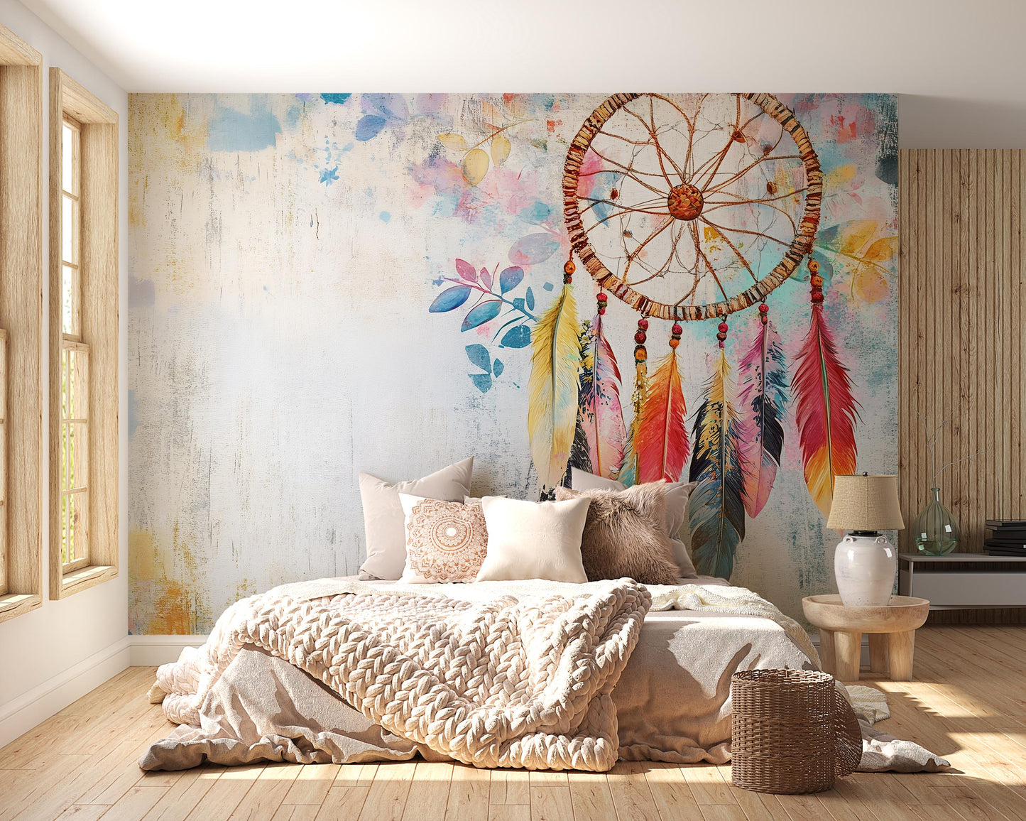 Dreamcatcher Wall Mural Boho Bedroom Decor Feather Art Large Wall Art Vn393