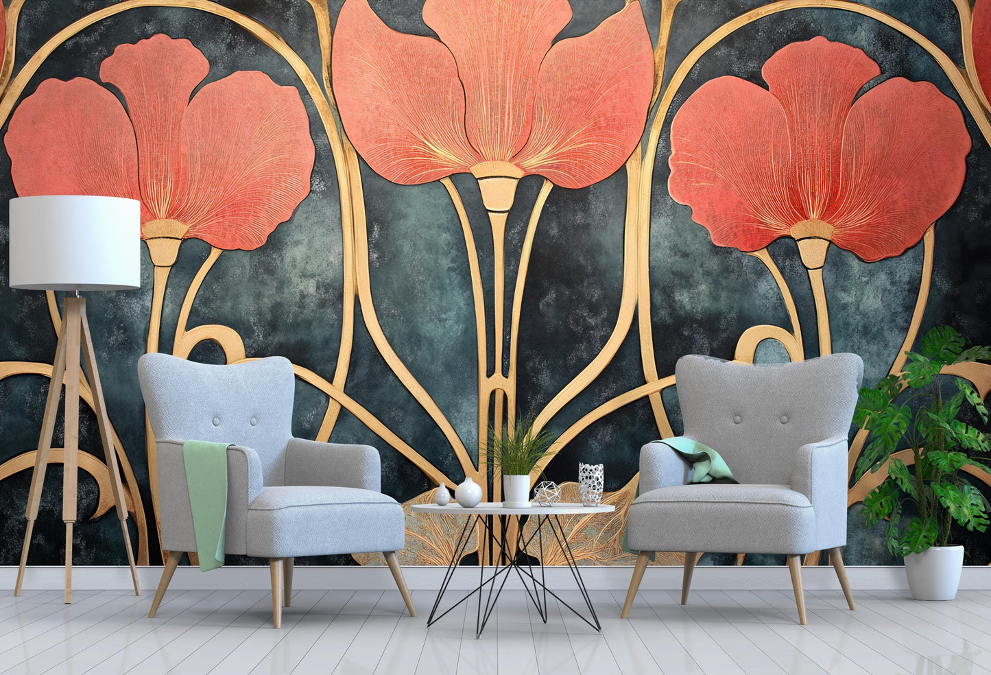 Art Deco Floral Wall Mural | Large Red Poppy Wallpaper | Elegant Botanical Gold Wall Art | Luxury Accent Wall Décor Vn194