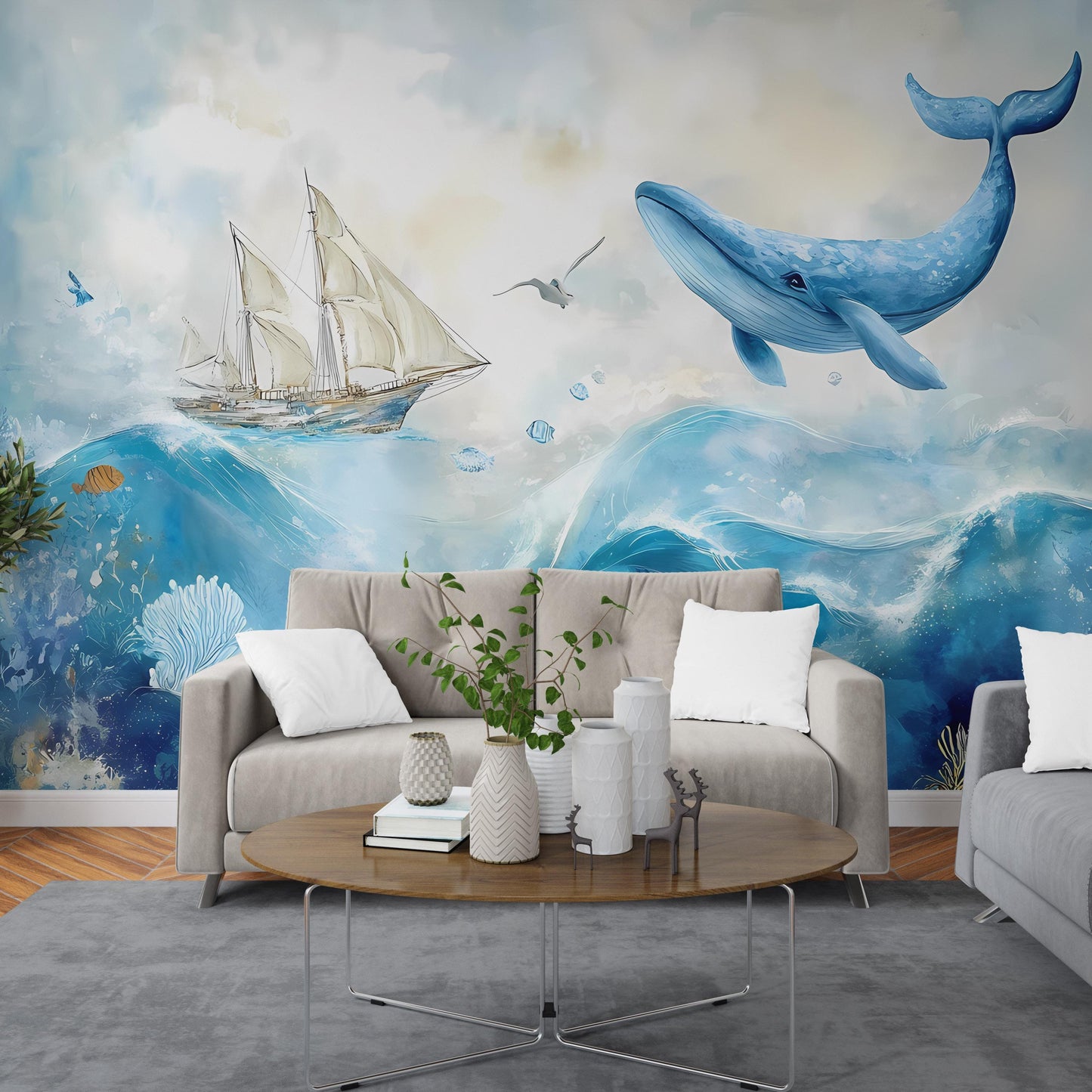 Ocean Whale Wall Mural – Nautical Sea Life Wallpaper, Blue Whale and Sailboat Wall Art, Underwater Marine Theme Accent Wall Décor Vn090