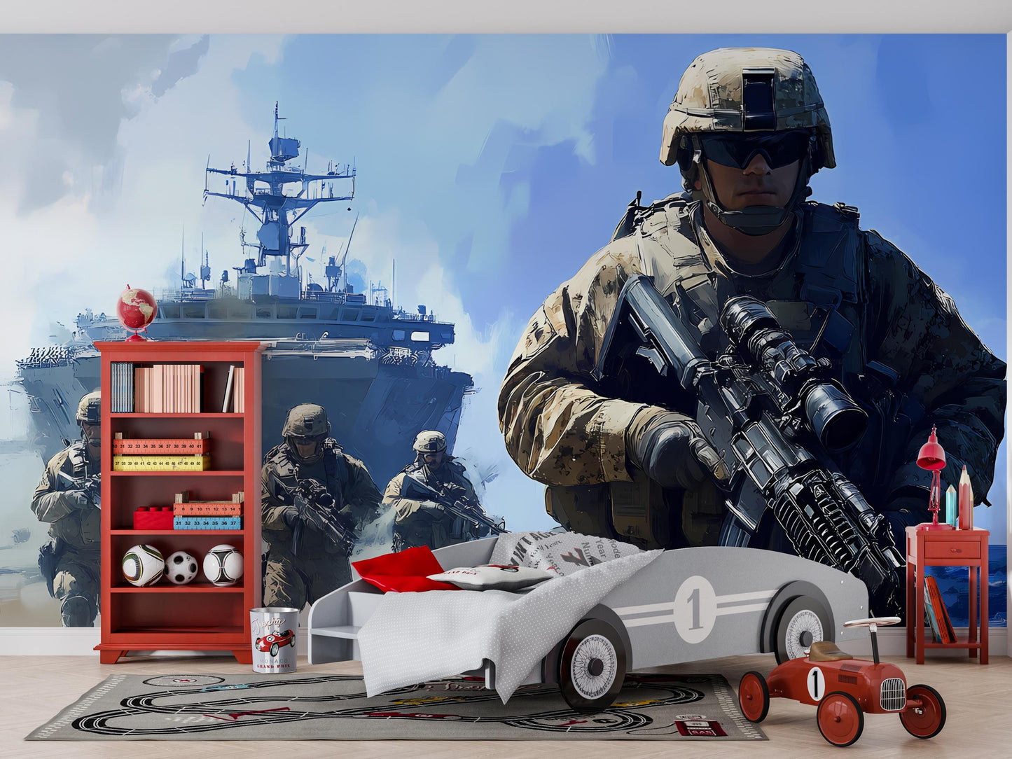 Military Gym Wall Mural - Soldier & Warship Design for Home or Commercial Fitness Center Decor Vn106