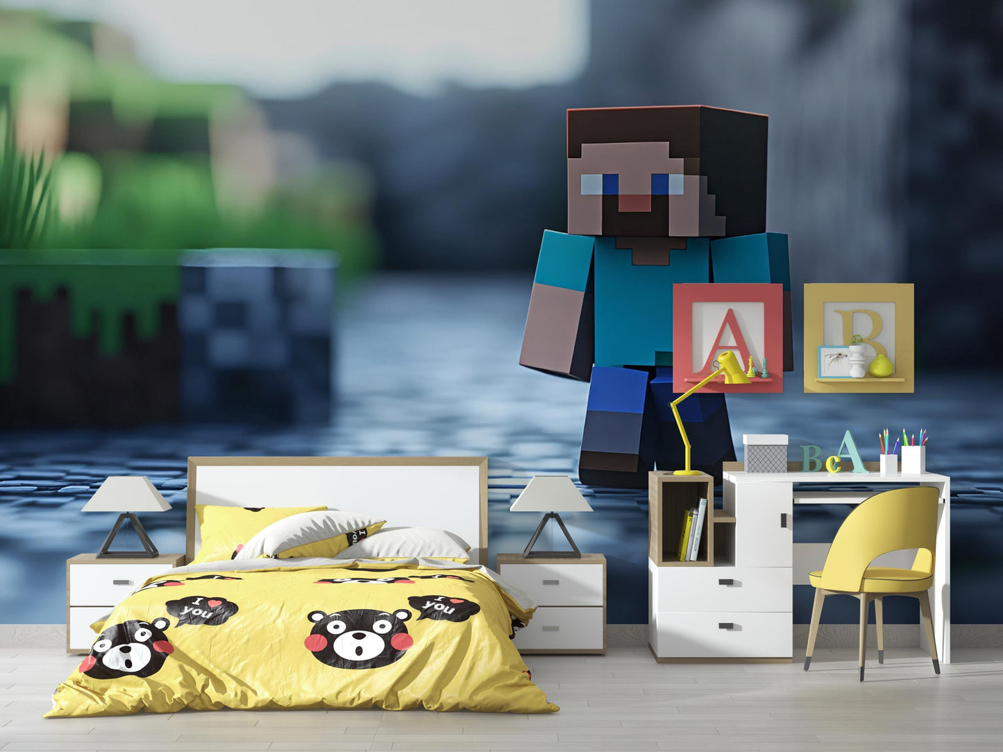 Minecraft Wall Art for Kids Room – Gamer Bedroom Decor with Steve, Pixel Style Mural for Boys, Video Game Nursery Art Vn282