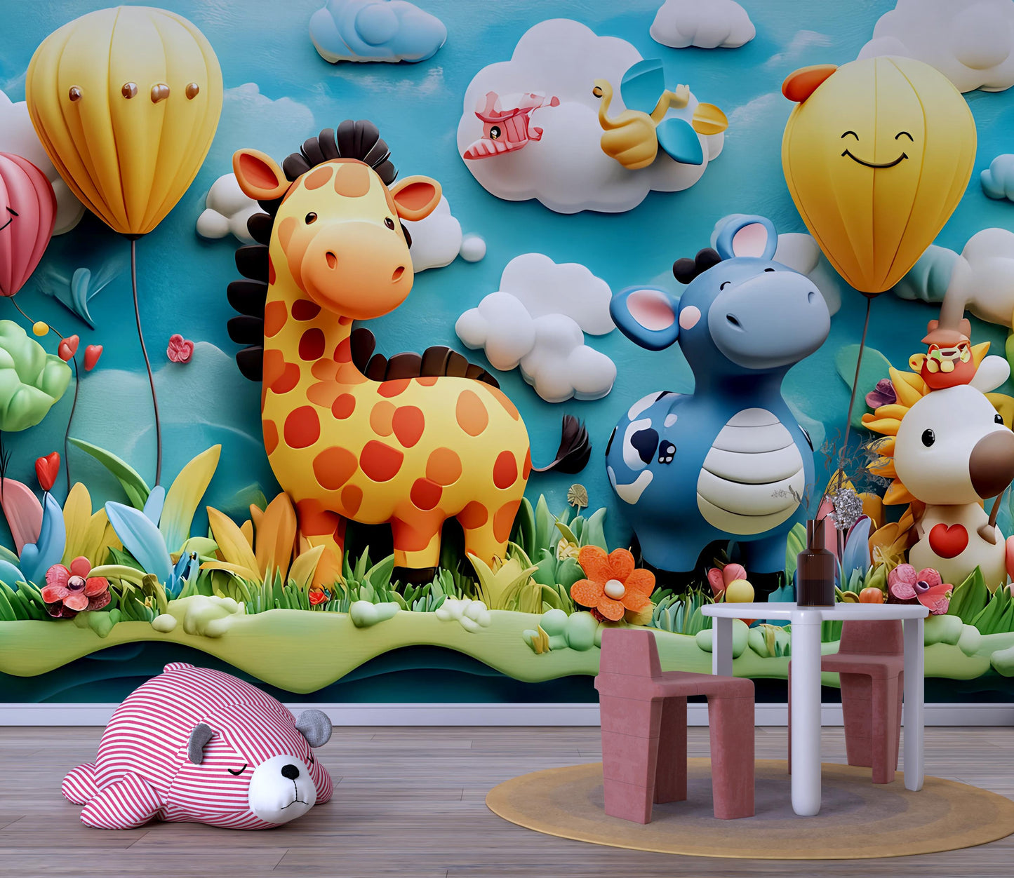 Whimsical Safari Animal Wall Mural – Giraffe, Hippo & Jungle Friends | Kids Room Decor Vn325