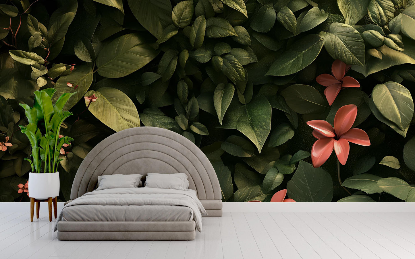 Botanical Leaf Wall Mural | Tropical Green Jungle Wallpaper with 3D Flowers | Bedroom Nature Accent Wall Art Vn234