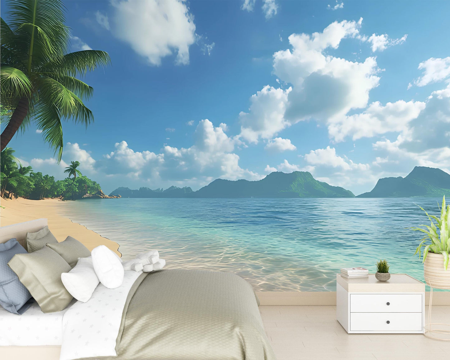 Tropical Beach Wall Mural – Ocean View Wallpaper for Bedroom, Palm Tree Seaside Wall Decor, Coastal Landscape Accent Vn285