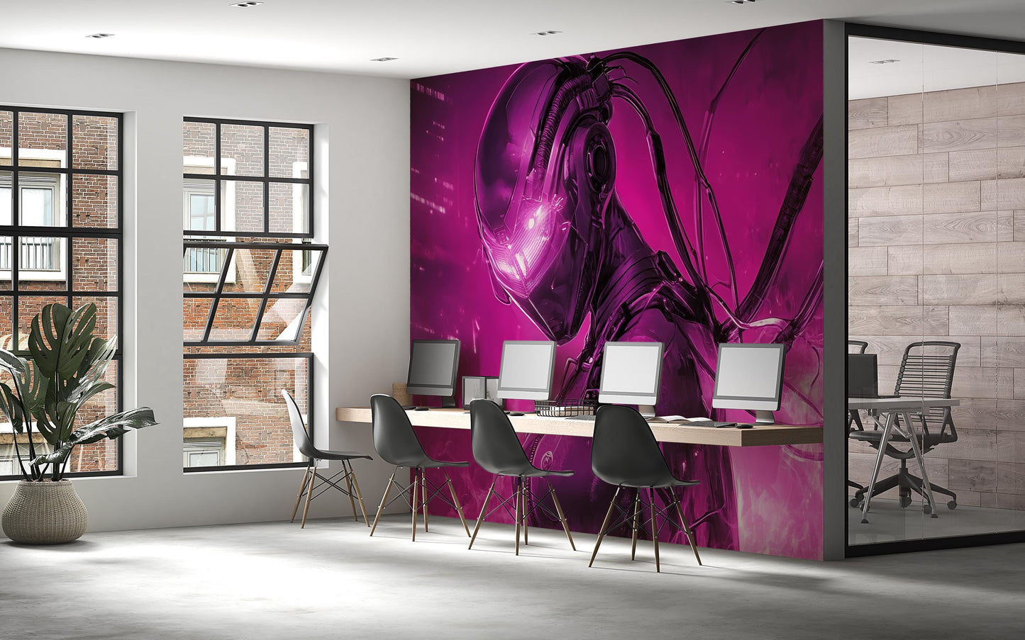 Cyberpunk AI Wall Mural – Futuristic Office Art, Sci-Fi Robot Decor, Neon Purple Tech Wall Poster Vn199