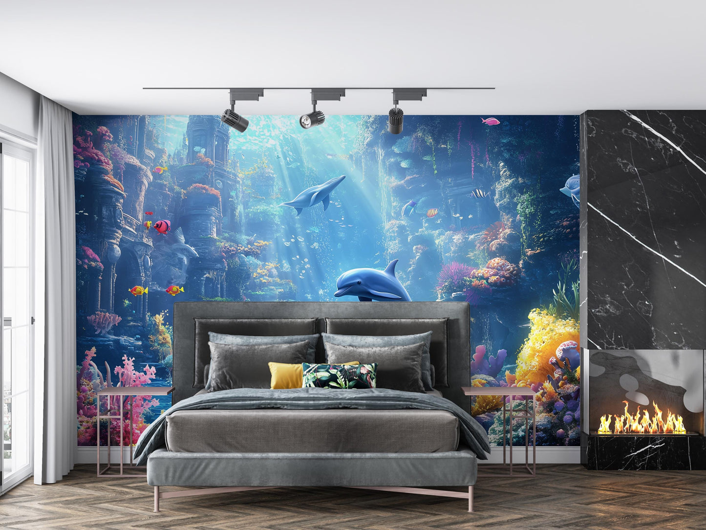 Underwater Ocean Wall Mural, 3D Dolphin Coral Reef Wallpaper, Kids Room Sea Decor Vn254