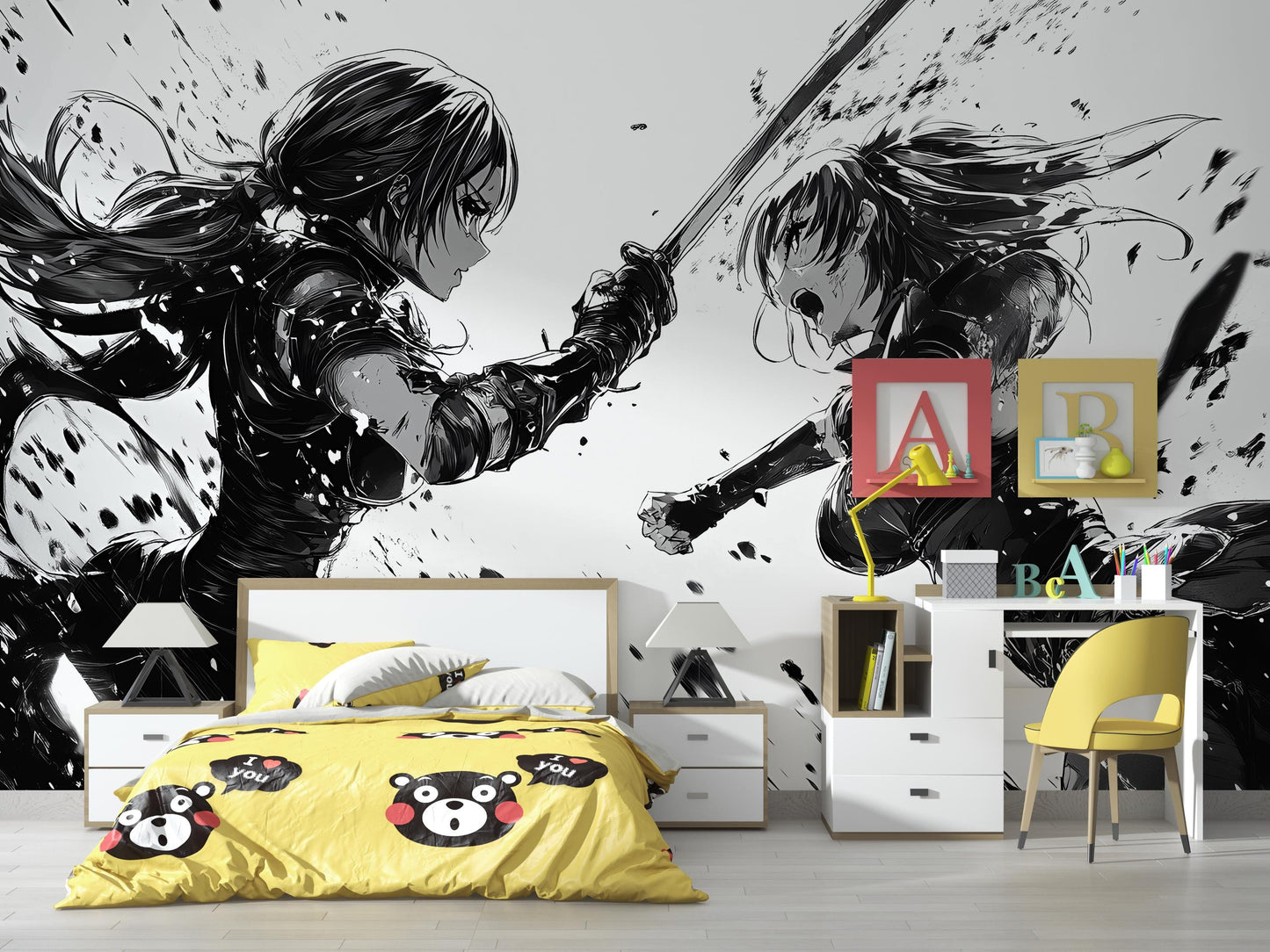 Anime Sword Duel Wall Mural – Black and White Manga Art for Modern Rooms Vn363