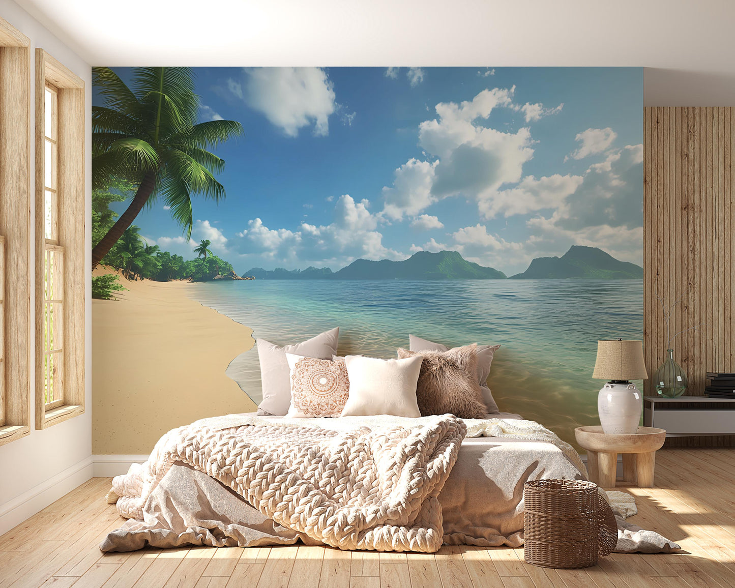 Tropical Beach Wall Mural – Ocean View Wallpaper for Bedroom, Palm Tree Seaside Wall Decor, Coastal Landscape Accent Vn285