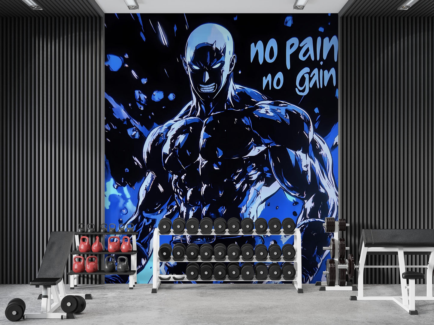 Anime Gym Wall Art Poster - "No Pain No Gain" Motivational Decor - Muscle Hero Fitness Room Mural Vn141