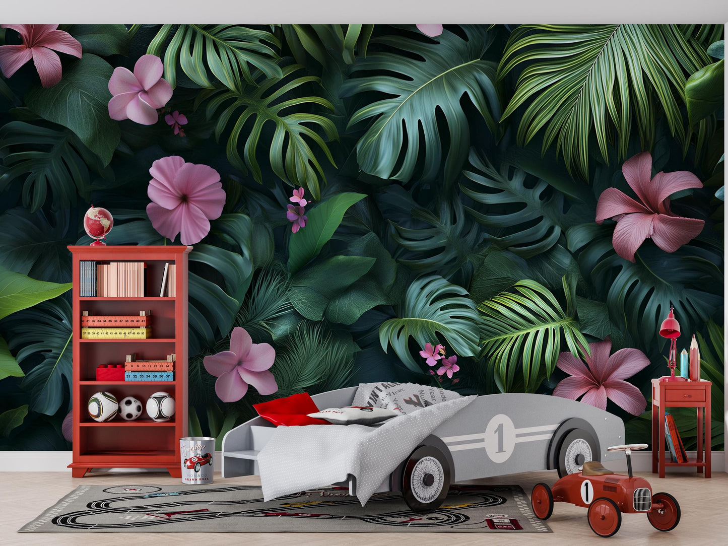 Tropical Jungle Wall Mural for Kids Room – Botanical Leaf & Flower Wallpaper – Removable Peel and Stick Wall Art Vn233