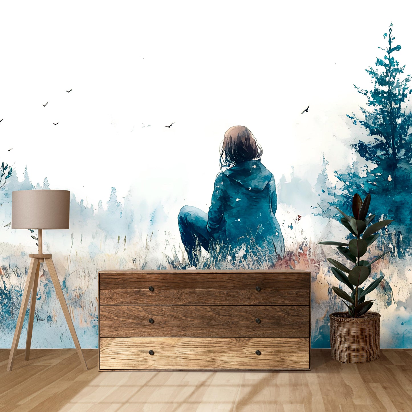 Watercolor Forest Wall Mural – Girl in Nature Art – Serene Blue Landscape Wall Art for Living Room Vn349