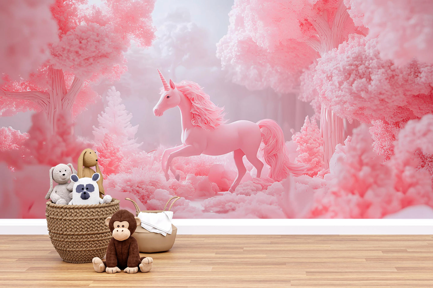 Pink Unicorn Forest Wall Mural | Dreamy Fantasy Wallpaper for Kids Room | Whimsical Pastel Nursery Decor Vn 299