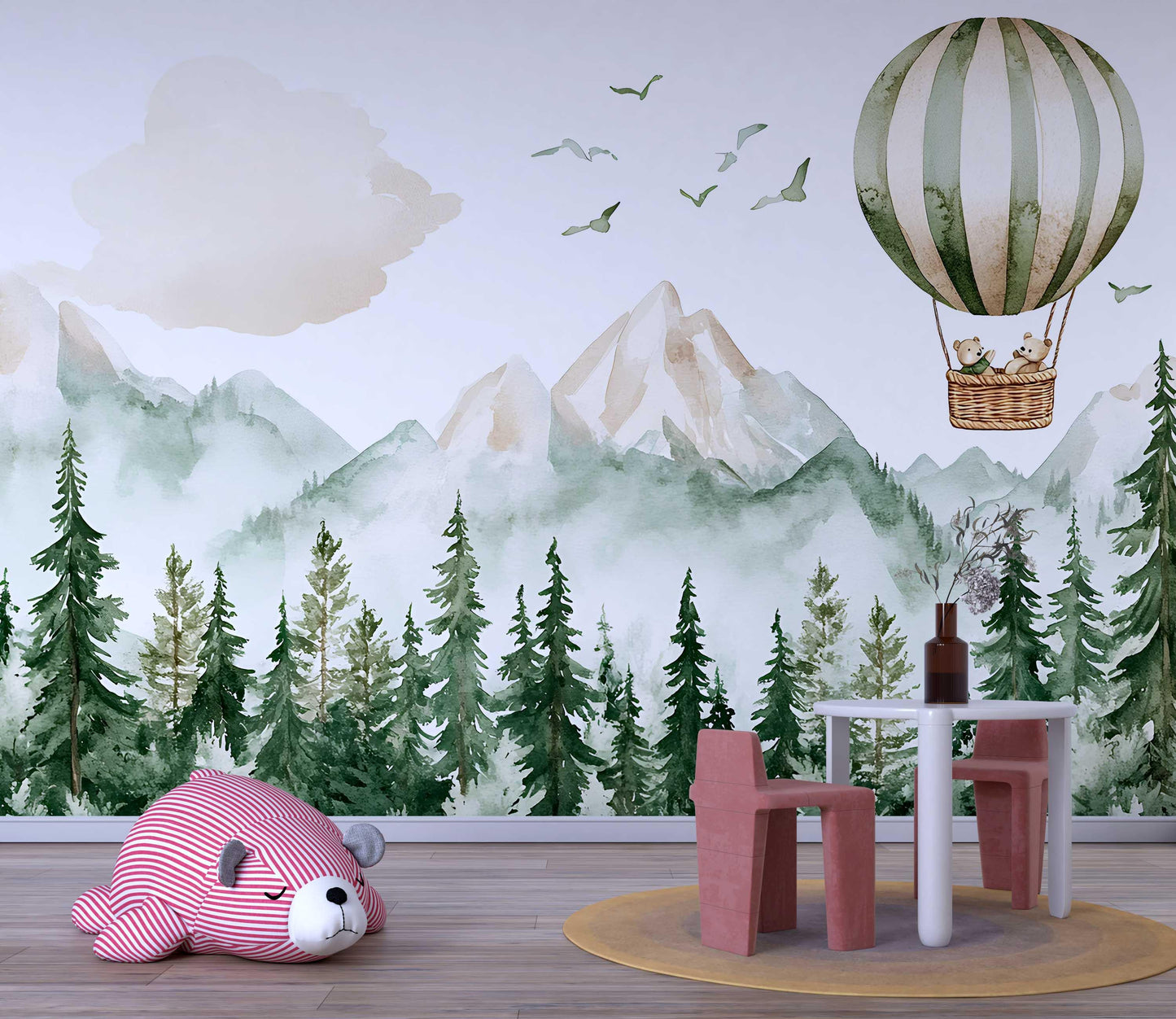Woodland Forest Mountain Wall Mural for Kids Room – Hot Air Balloon Animal Nursery Wallpaper – Adventure Baby Room Decor Vn444