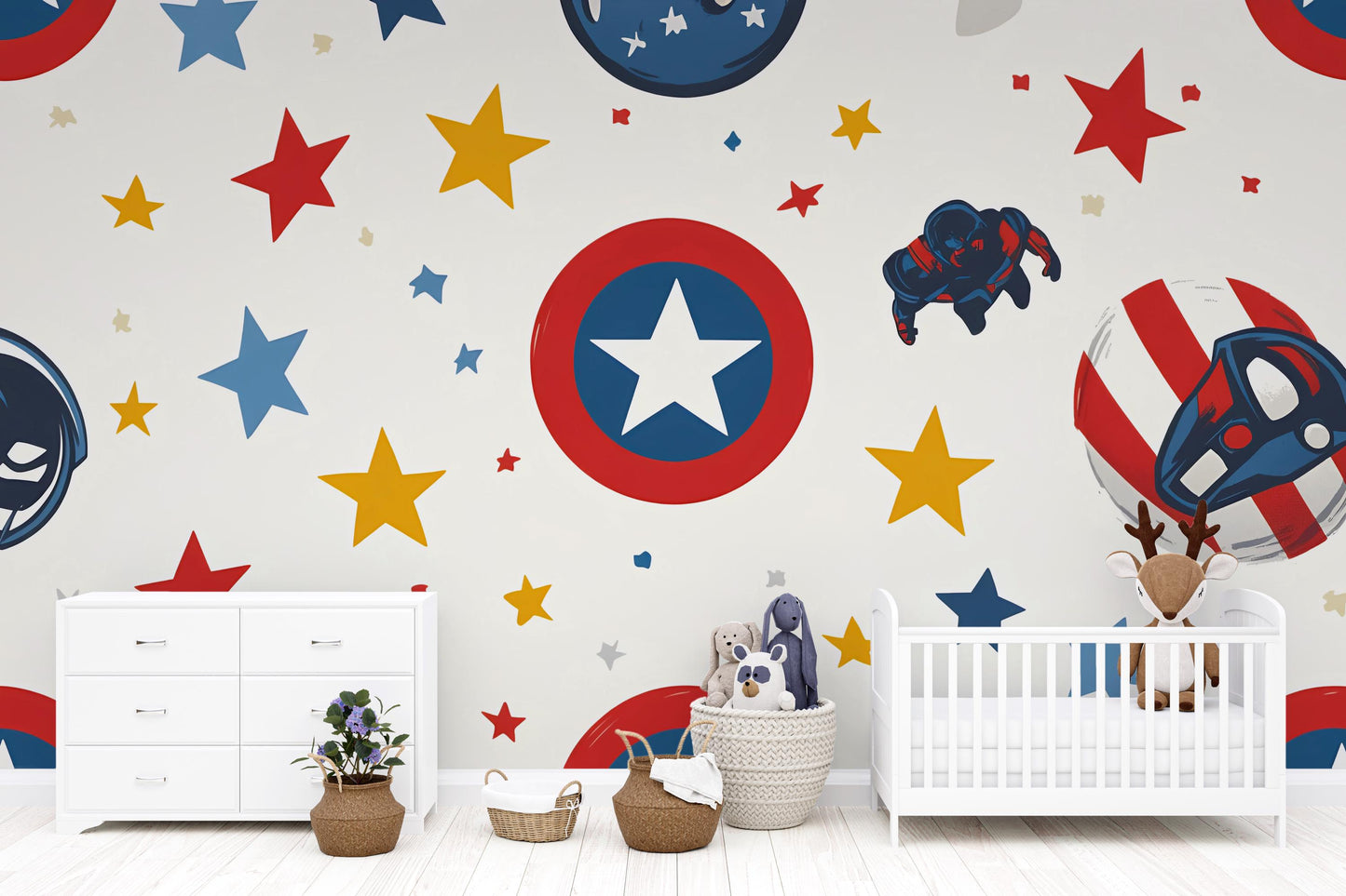 Superhero Kids Wall Mural | Captain America Shield Star Print | Boys Room Decor | Hero Nursery Wallpaper | Playroom Wall Art Vn275