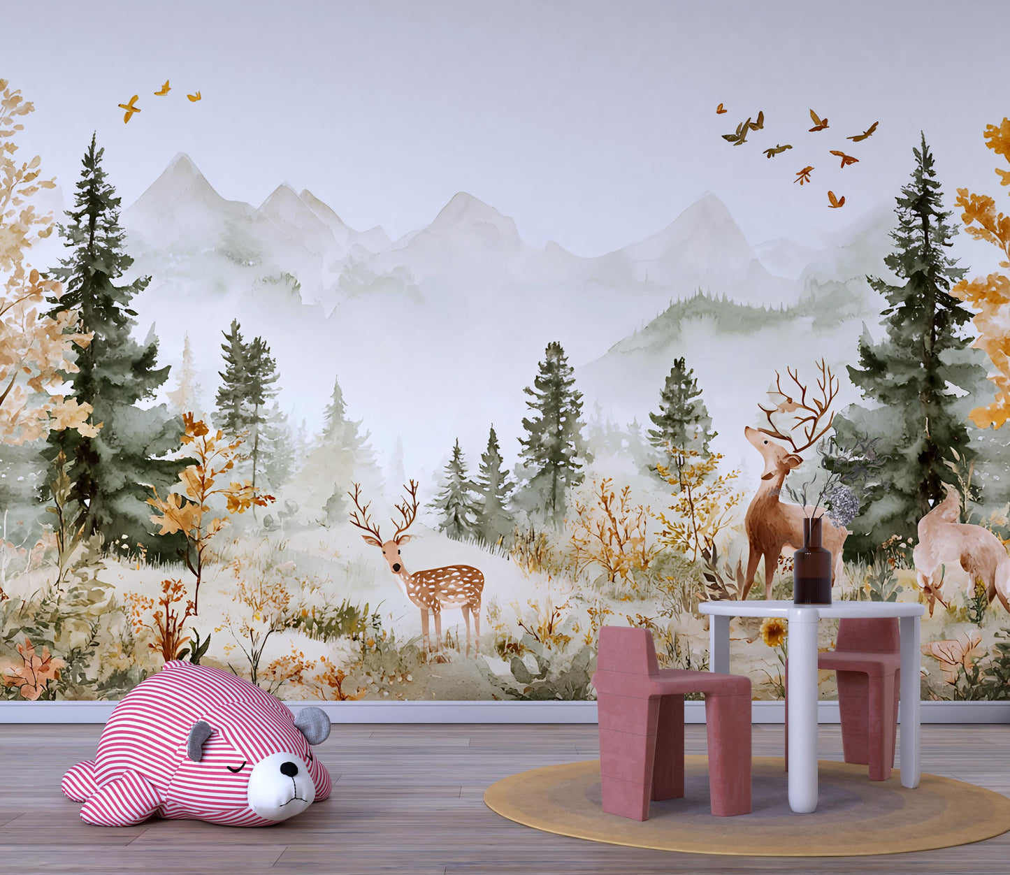 Woodland Forest Nursery Wallpaper Mural – Deer & Mountain Scene for Kids Room | Peel Stick or Traditional Wall ArtVn 294