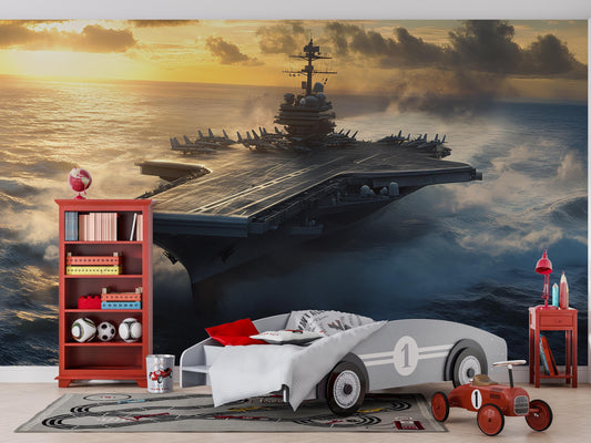 Aircraft Carrier Wall Mural | Navy Ship Ocean Sunset Wallpaper | Boys Military Bedroom Decor | Cool Warship Wall Art for Kids Room Vn464