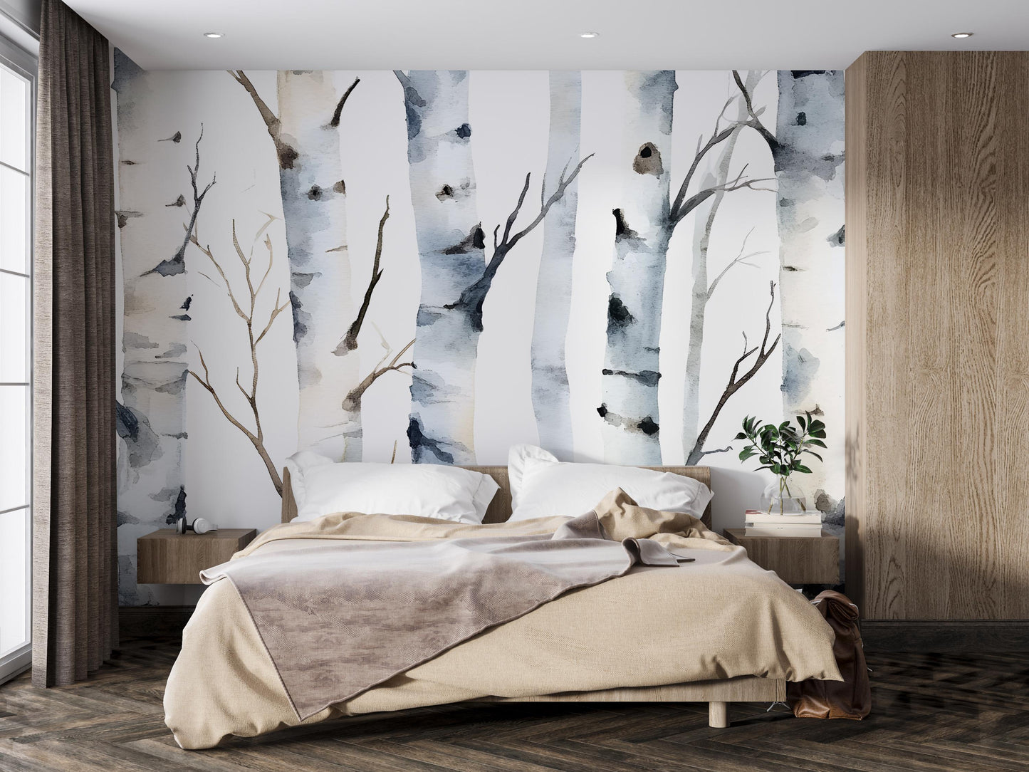 Watercolor Birch Tree Wall Mural | Forest Wallpaper for Bedroom | Scandinavian Nature Wall Art | Removable Peel and Stick Mural Vn487