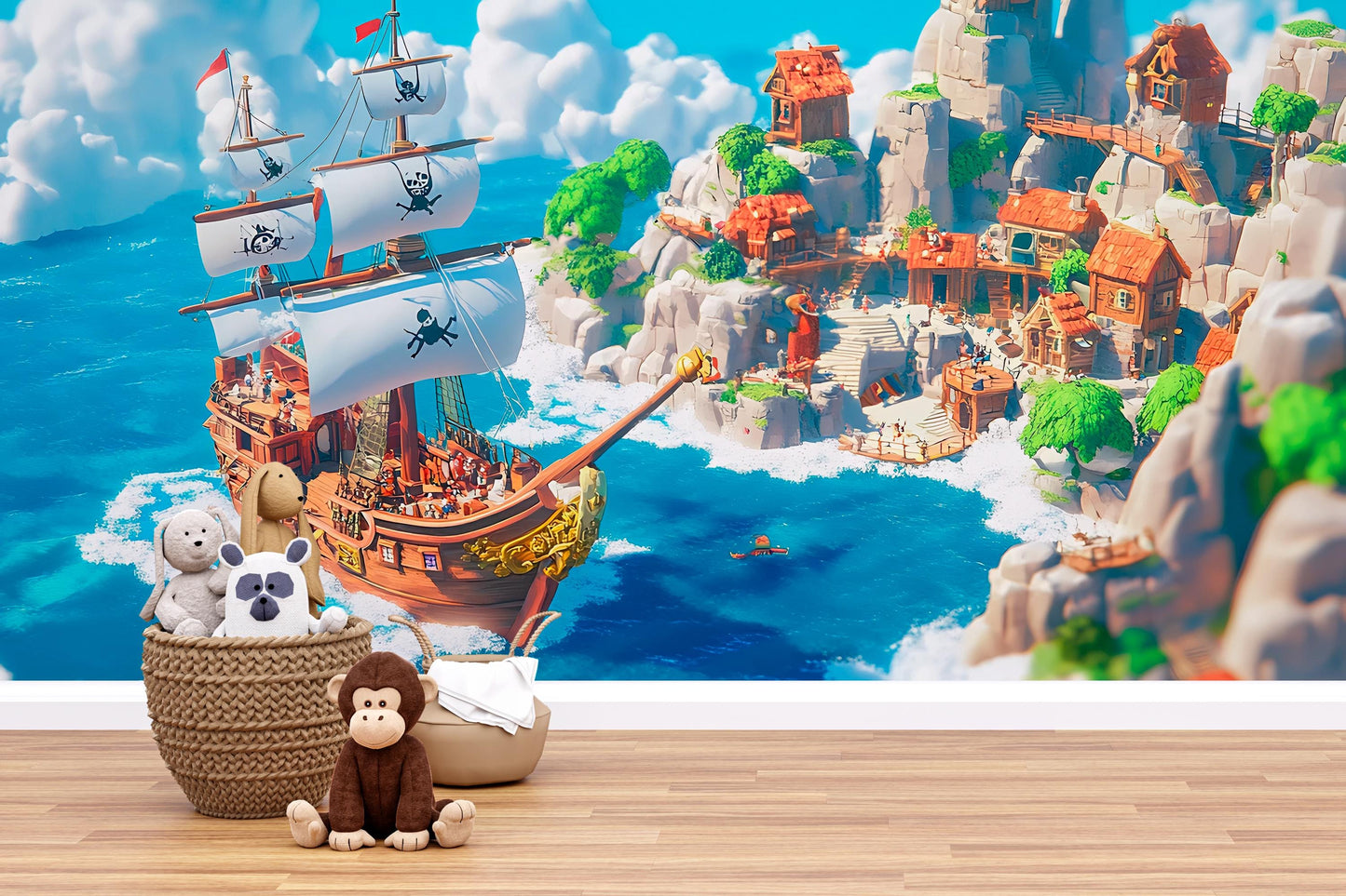 Pirate Ship Adventure Wall Mural | Kids Room Ocean Wallpaper | Nautical Pirate Theme Playroom Decor | Fantasy Island Wall Art Vn 308