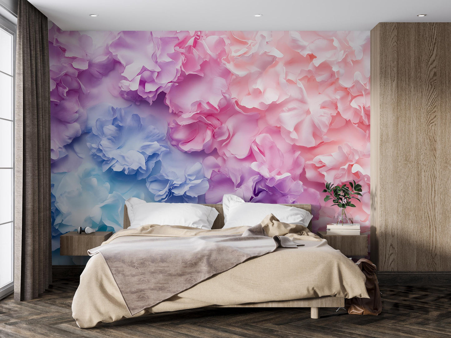 Romantic 3D Pastel Floral Wall Mural – Pink Purple Blue Flower Wallpaper for Bedroom, Living Room or Accent Wall Décor Vn465