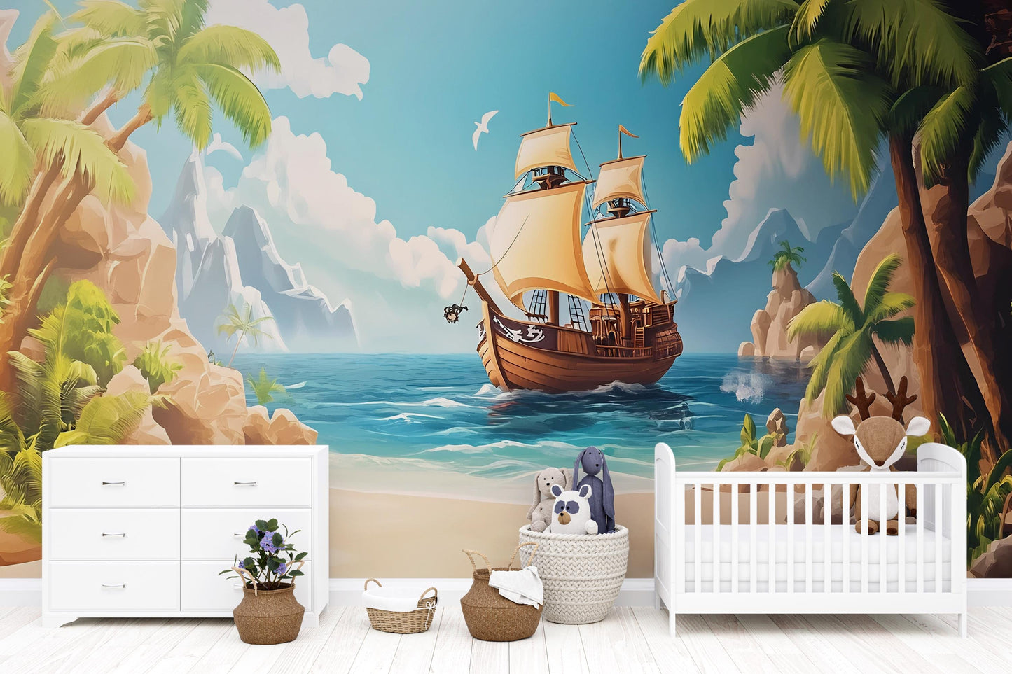 Pirate Ship Wall Mural for Kids Room – Nautical Ocean Adventure Theme Wallpaper – Boys Nursery or Playroom Art Décor Vn 306