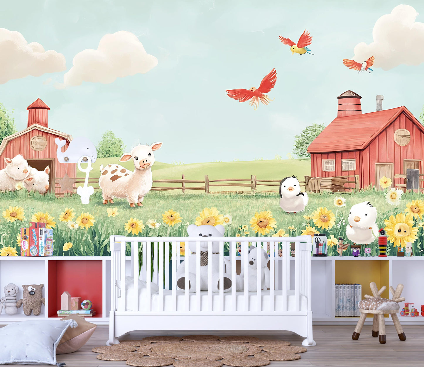 Farm Animal Wall Mural for Kids Room – Cartoon Barnyard Wallpaper with Piglet, Birds, Sunflowers – Nursery Farm Theme Decor Vn317