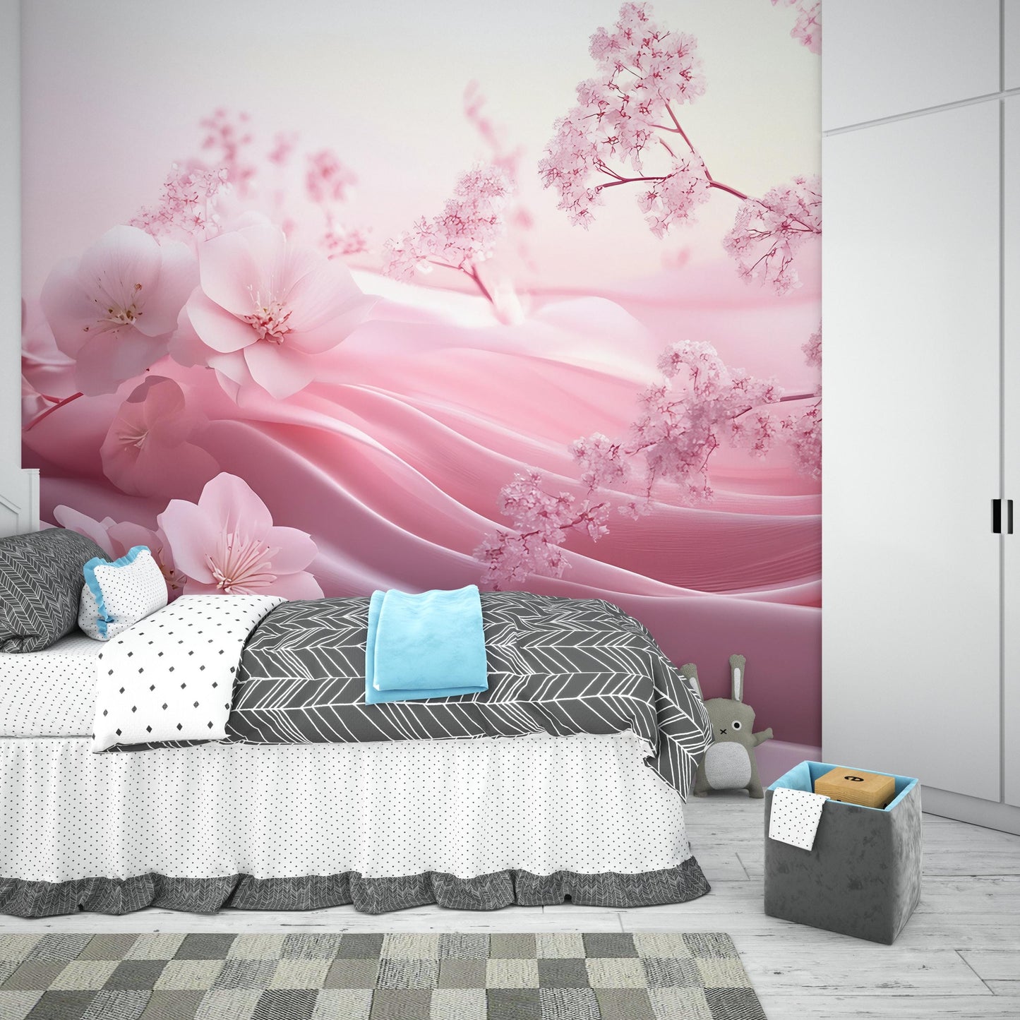 Pink Sakura Blossom Wall Mural – Romantic Floral Wallpaper – Japanese Cherry Blossom Bedroom Decor – Soft Pastel Aesthetic Vn271
