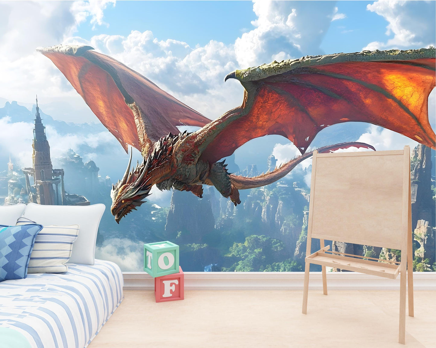Fantasy Dragon Wall Mural for Kids Room – Epic Flying Dragon Wallpaper with Castle Landscape Vn028